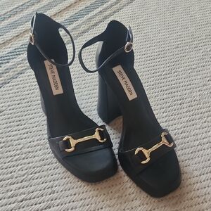Steve Madden Black Platform Block Heels with Gold Hardware.